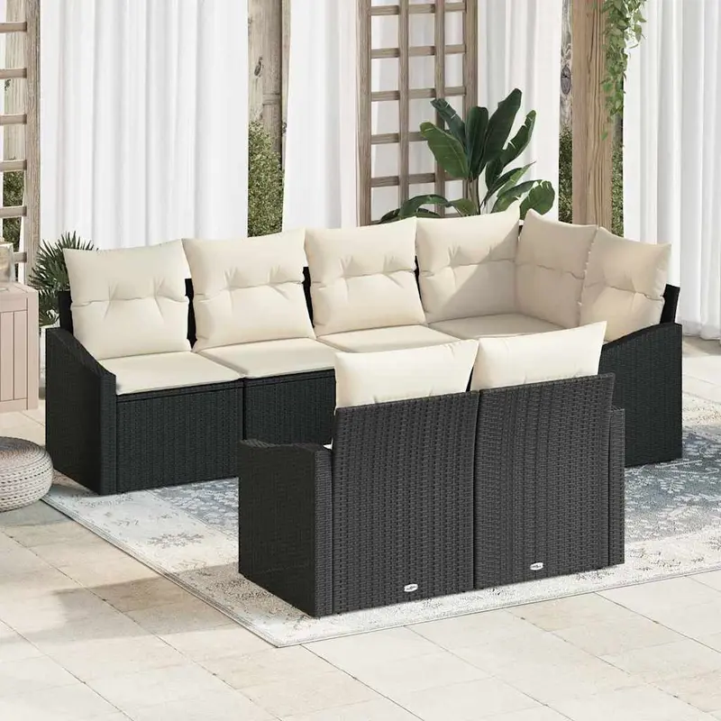 Conjunto de sofás de jardín 7 pcs Negro y ratán sintético