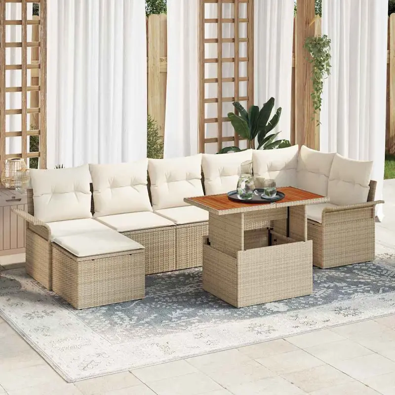 Conjunto de sofás de jardín 8 pcs Beige y Crema ratán sintético