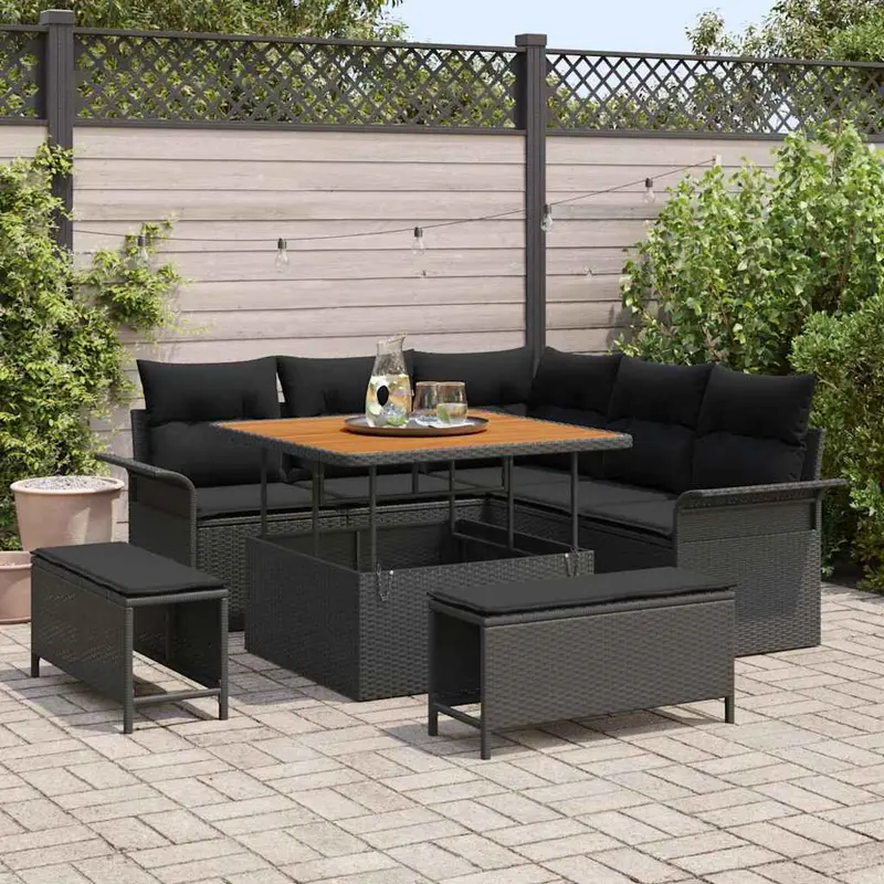 Conjunto de sofás de jardín 8 pcs Negro ratán sintético