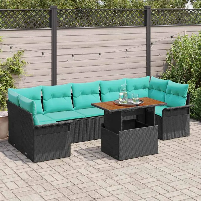 Conjunto de sofás de jardín 8 pcs Negro y azul ratán sintético