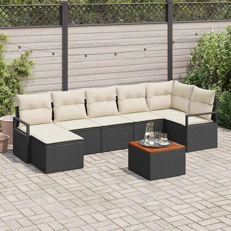 Conjunto de sofás de jardín 8 pcs Negro y crema ratán sintético