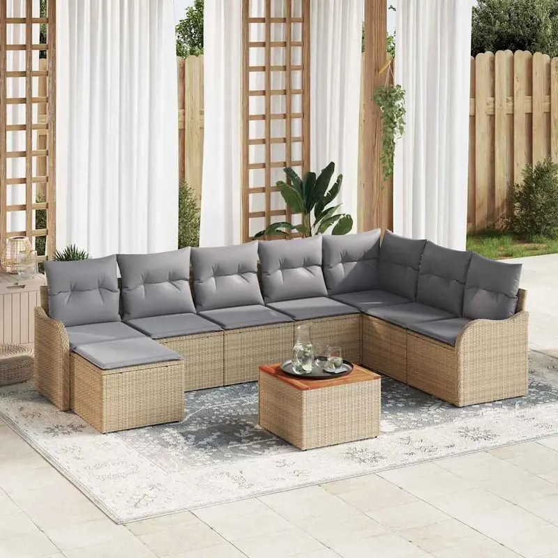 Conjunto de sofás de jardín 9 pcs Beige ratán sintético