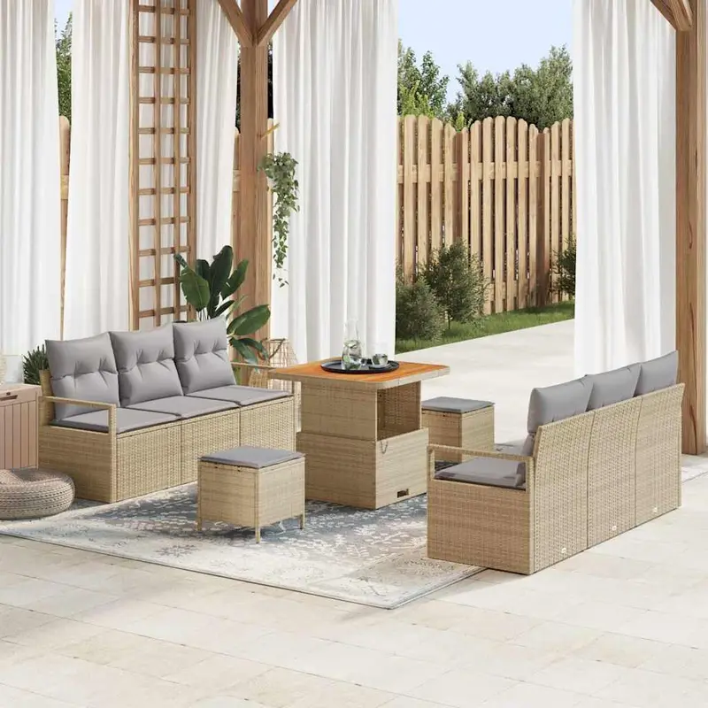 Conjunto de sofás de jardín 9 pcs Beige ratán sintético