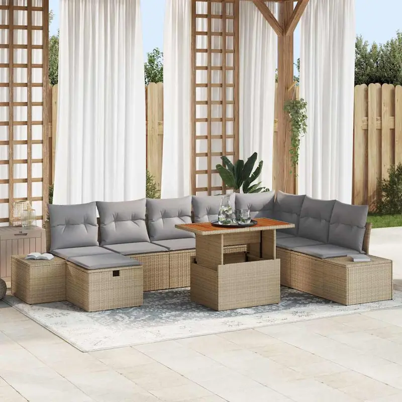 Conjunto de sofás de jardín 9 pcs Beige ratán sintético