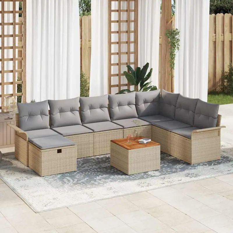 Conjunto de sofás de jardín 9 pcs Beige ratán sintético