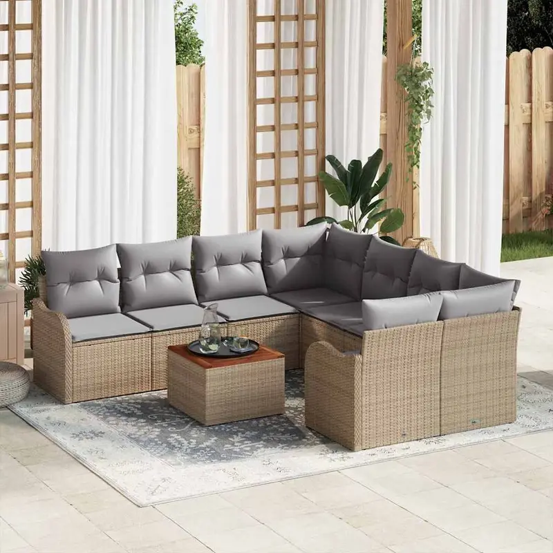 Conjunto de sofás de jardín 9 pcs Beige ratán sintético