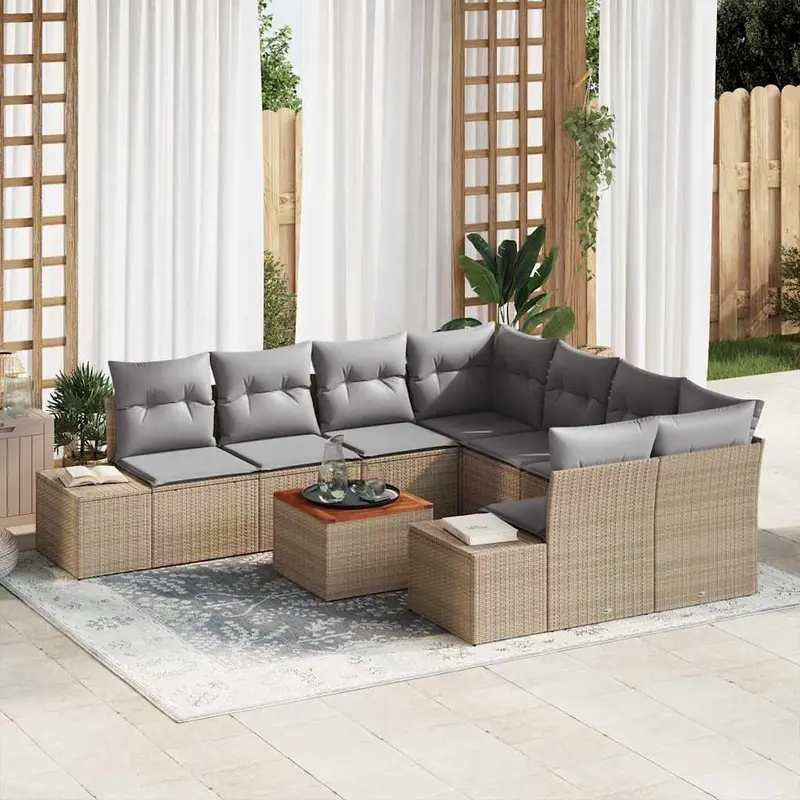Conjunto de sofás de jardín 9 pcs Beige ratán sintético
