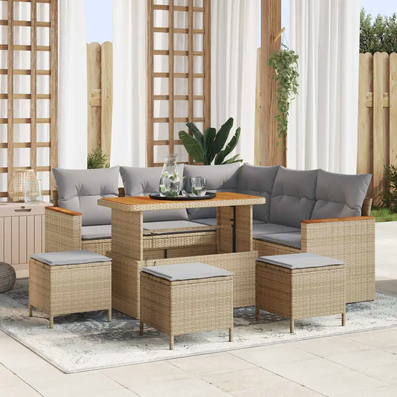 Conjunto de sofás de jardín 9 pcs Beige ratán sintético