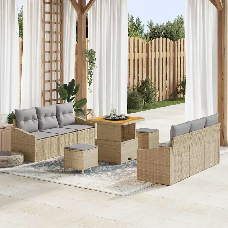 Conjunto de sofás de jardín 9 pcs Beige ratán sintético