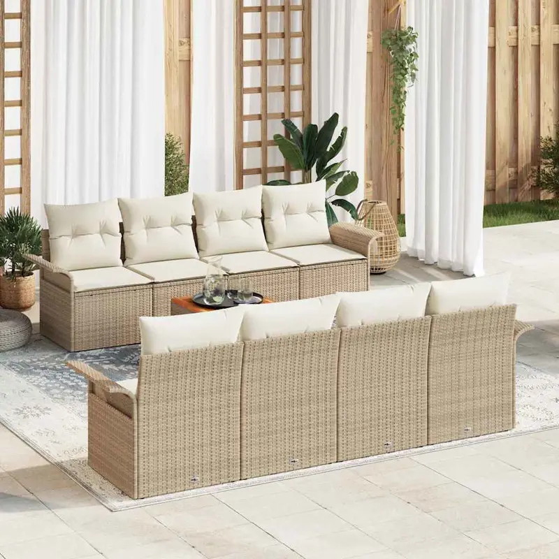Conjunto de sofás de jardín 9 pcs Beige y Crema ratán sintético