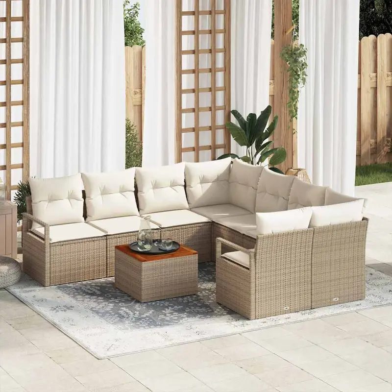 Conjunto de sofás de jardín 9 pcs Beige y Crema ratán sintético