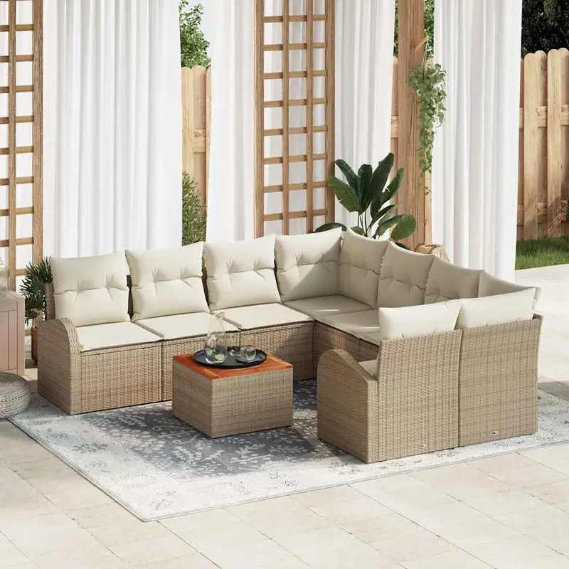 Conjunto de sofás de jardín 9 pcs Beige y Crema ratán sintético