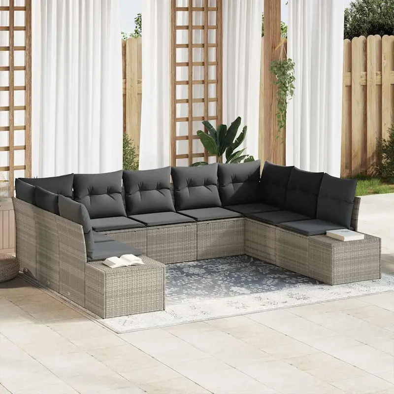 Conjunto de sofás de jardín 9 pcs Gris Claro Ratán sintético