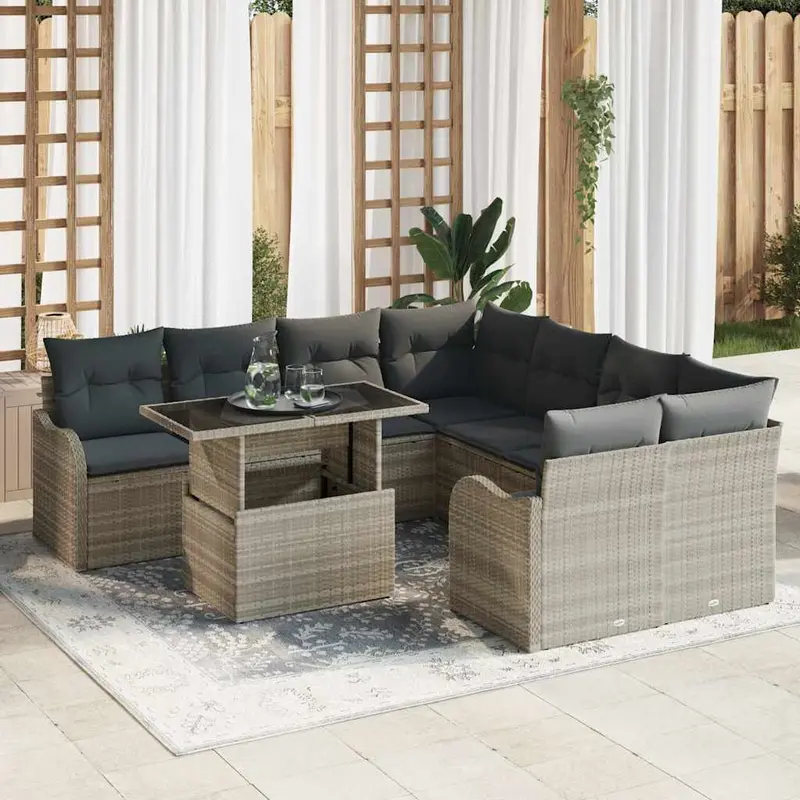 Conjunto de sofás de jardín 9 pcs Gris Claro Ratán sintético