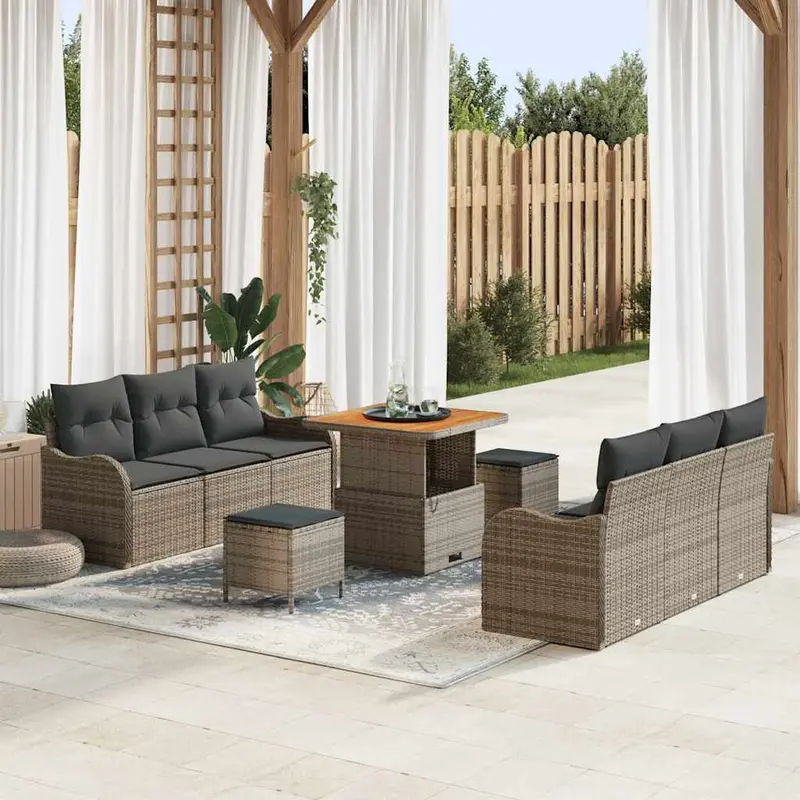 Conjunto de sofás de jardín 9 pcs Gris ratán sintético