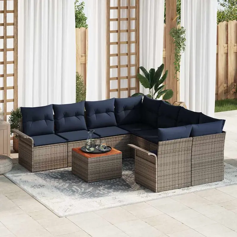 Conjunto de sofás de jardín 9 pcs Gris y azul marino
