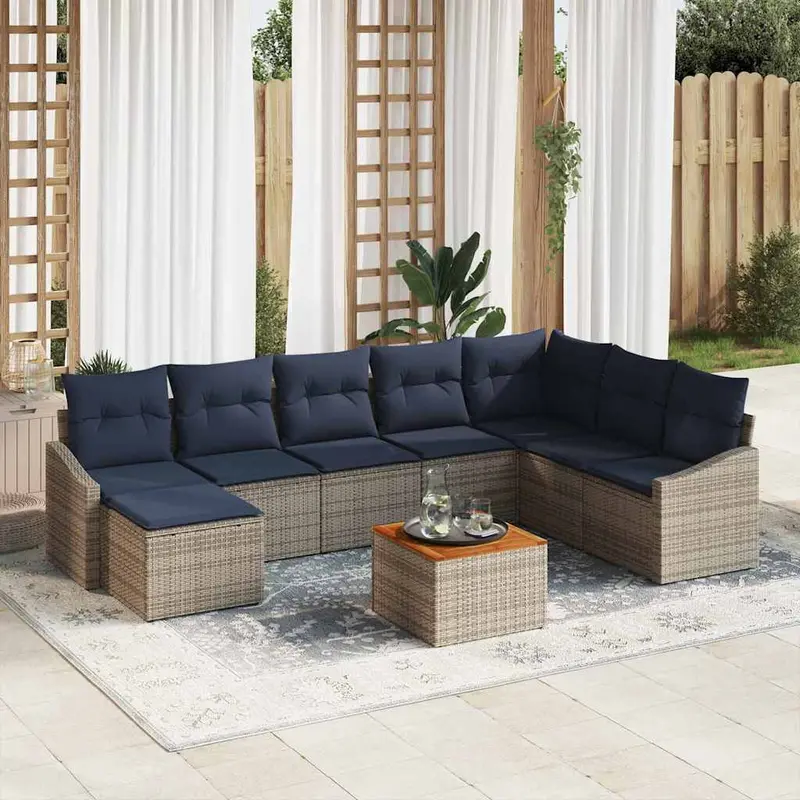 Conjunto de sofás de jardín 9 pcs Gris y azul marino