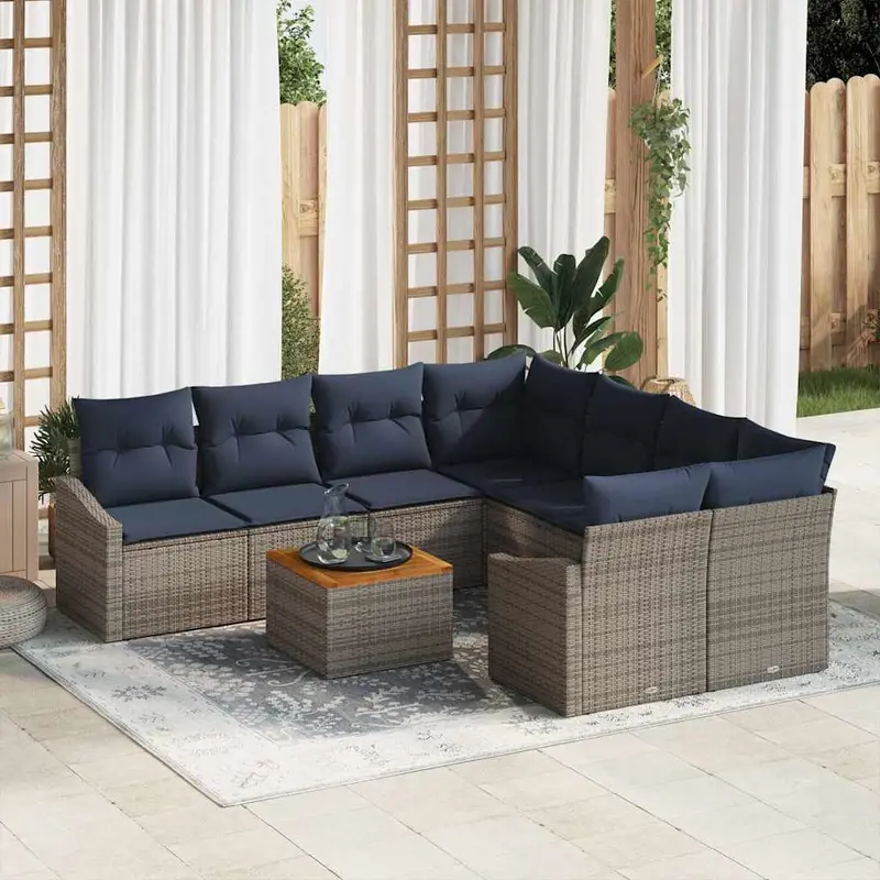 Conjunto de sofás de jardín 9 pcs Gris y azul marino