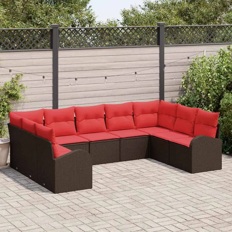 Conjunto de sofás de jardín 9 pcs Marrón y Rojo ratán sintético