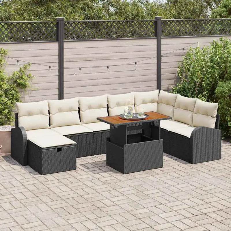 Conjunto de sofás de jardín 9 pcs Negro ratán sintético