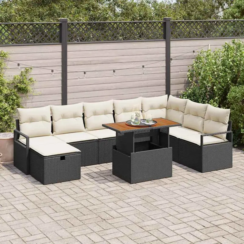 Conjunto de sofás de jardín 9 pcs Negro ratán sintético