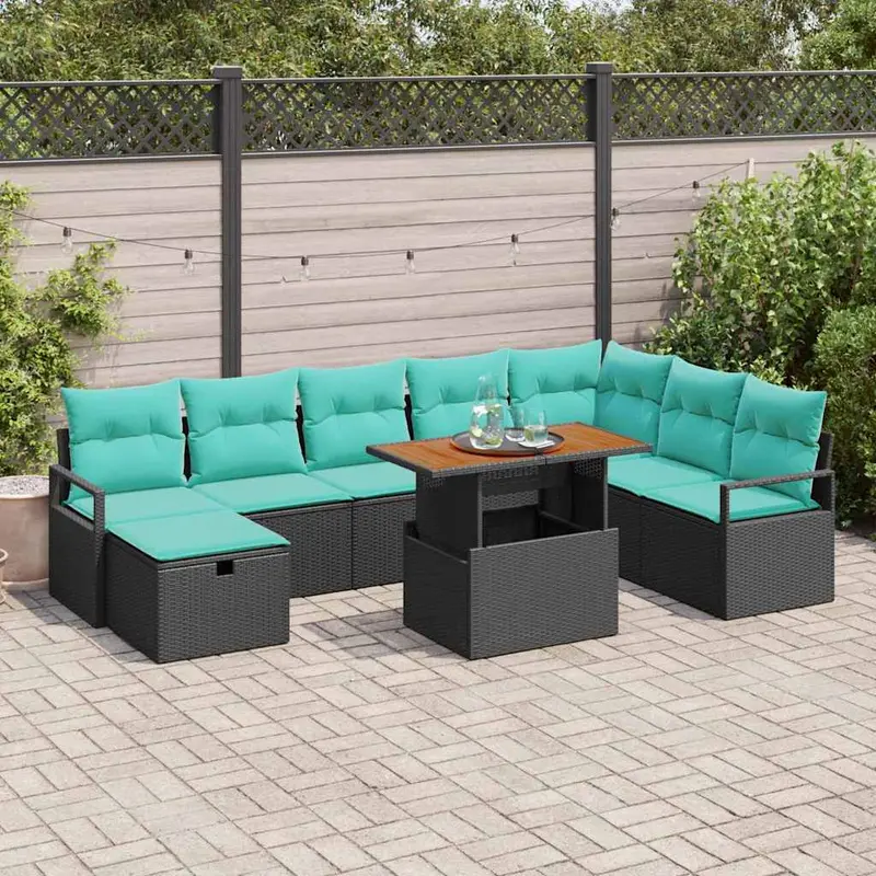 Conjunto de sofás de jardín 9 pcs Negro ratán sintético