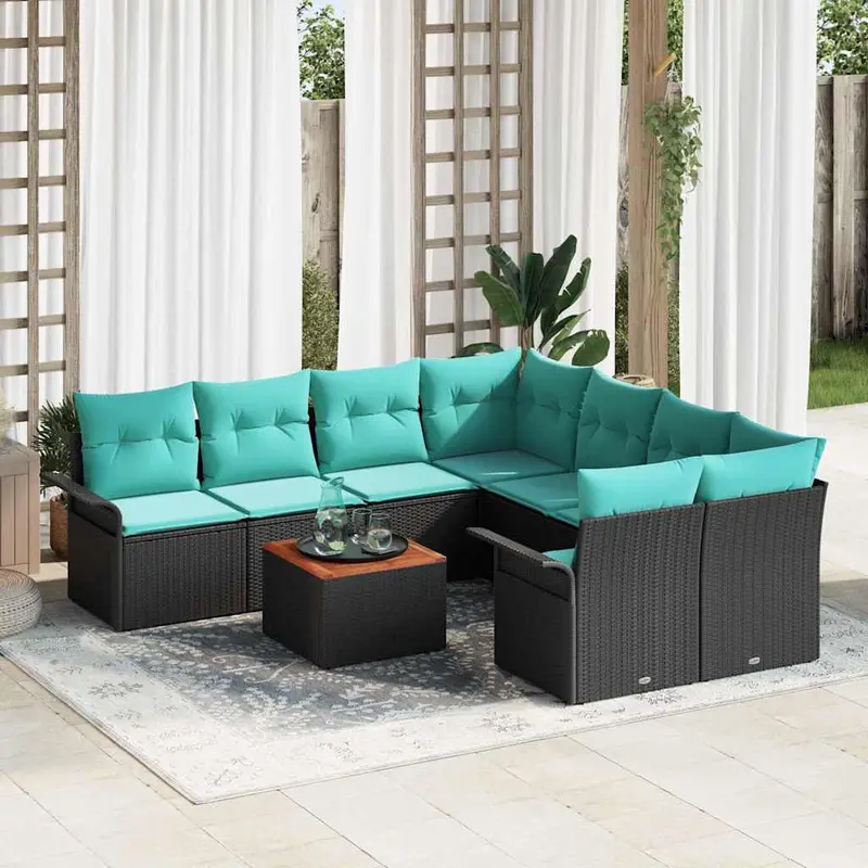 Conjunto de sofás de jardín 9 pcs Negro ratán sintético