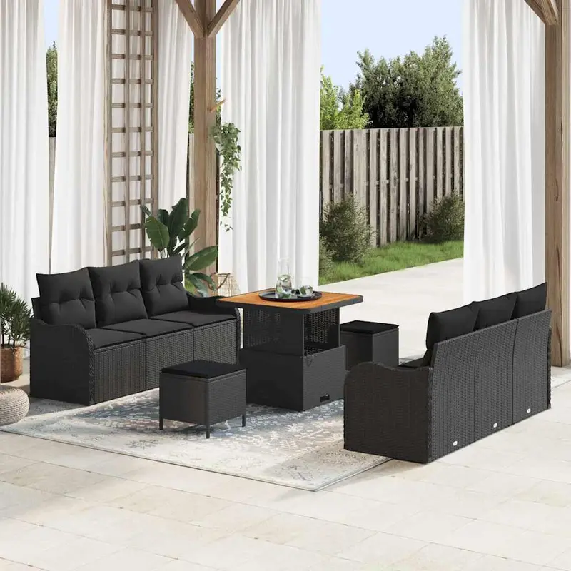 Conjunto de sofás de jardín 9 pcs Negro ratán sintético
