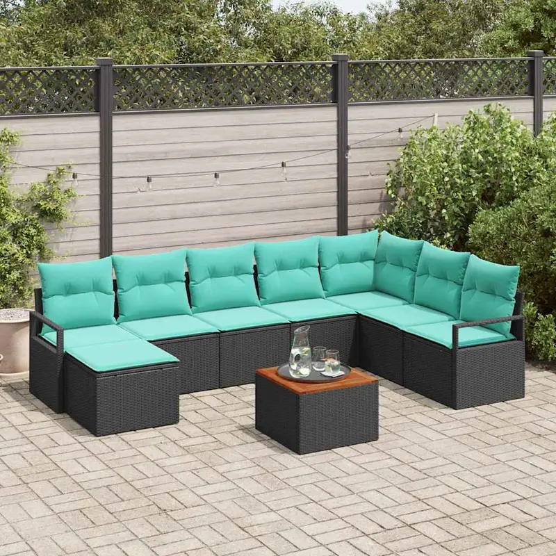 Conjunto de sofás de jardín 9 pcs Negro ratán sintético