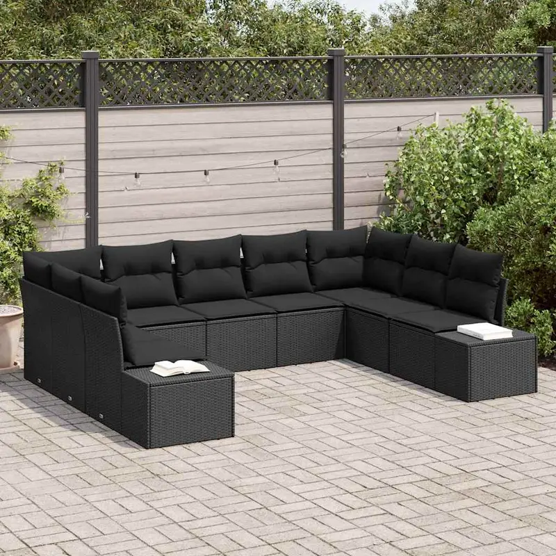 Conjunto de sofás de jardín 9 pcs Negro Ratán sintético