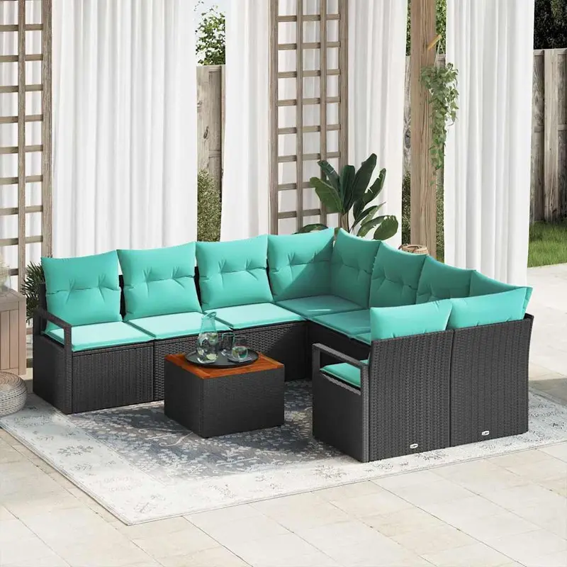 Conjunto de sofás de jardín 9 pcs Negro ratán sintético