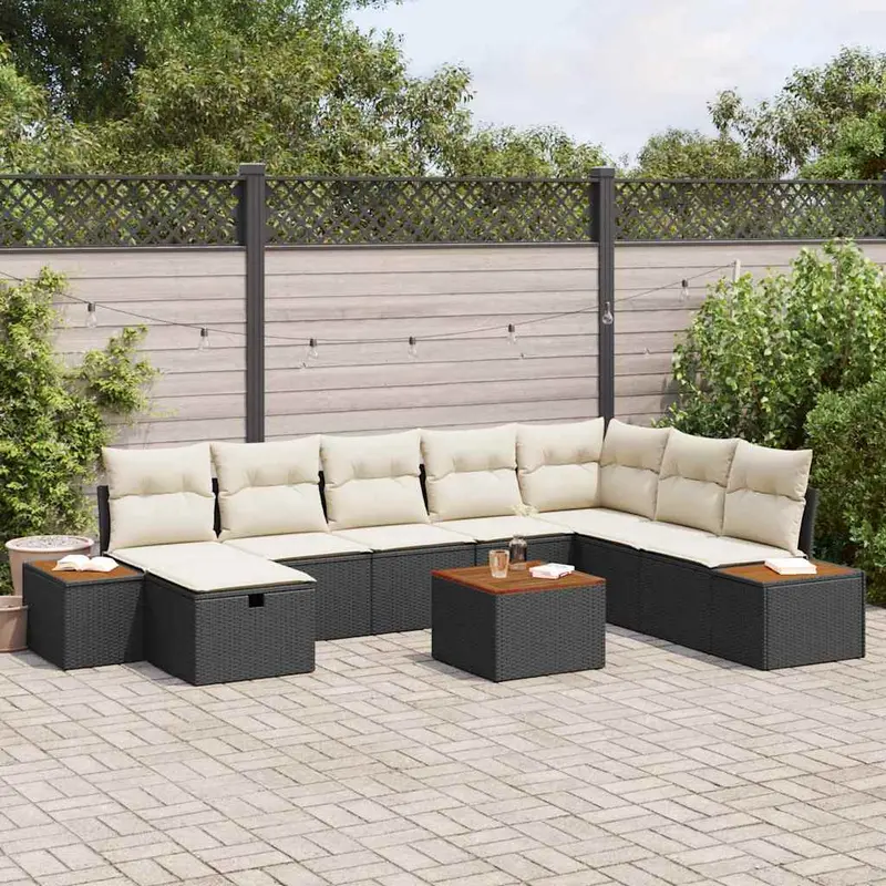 Conjunto de sofás de jardín 9 pcs Negro ratán sintético
