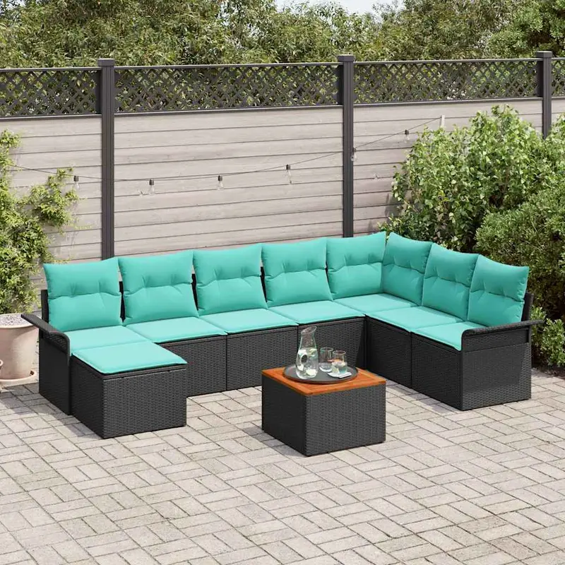 Conjunto de sofás de jardín 9 pcs Negro ratán sintético