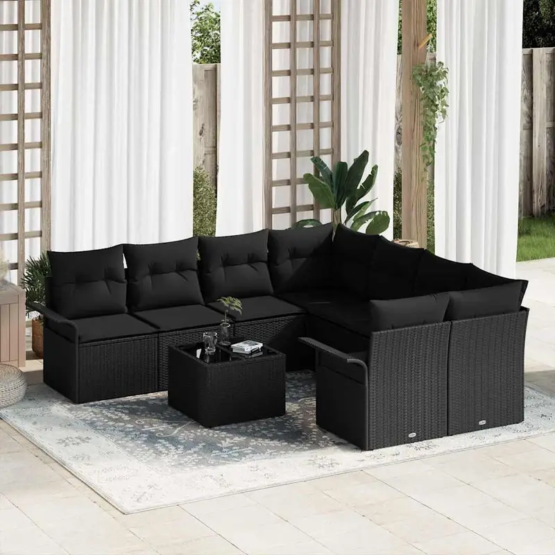 Conjunto de sofás de jardín 9 pcs Negro ratán sintético
