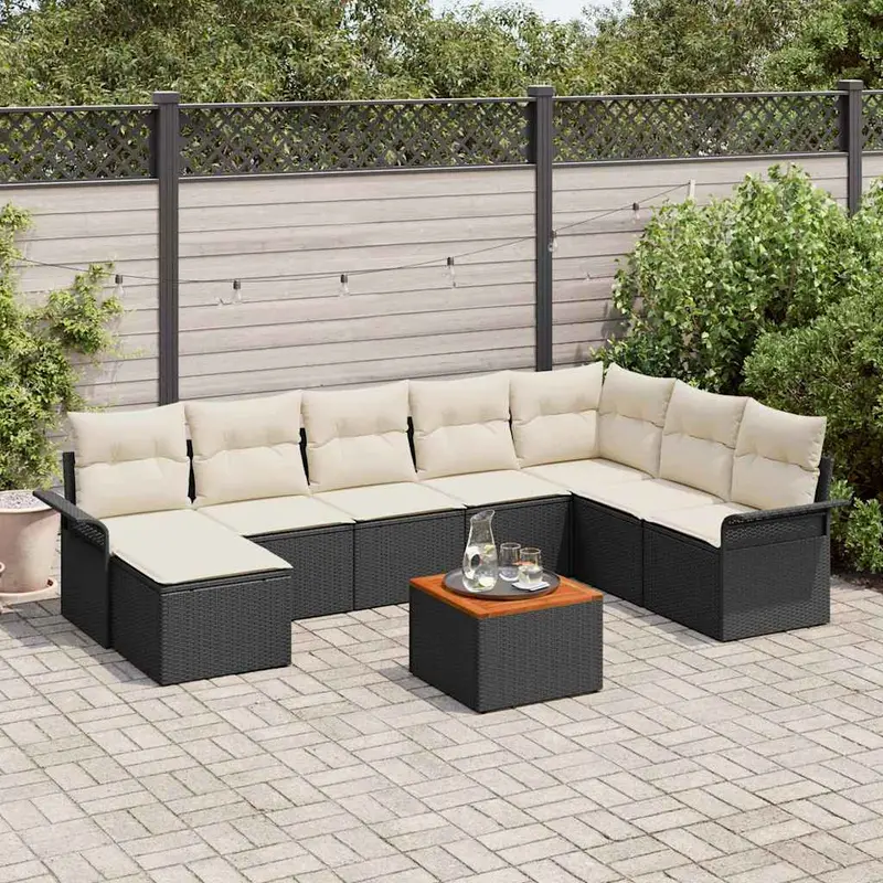 Conjunto de sofás de jardín 9 pcs Negro ratán sintético