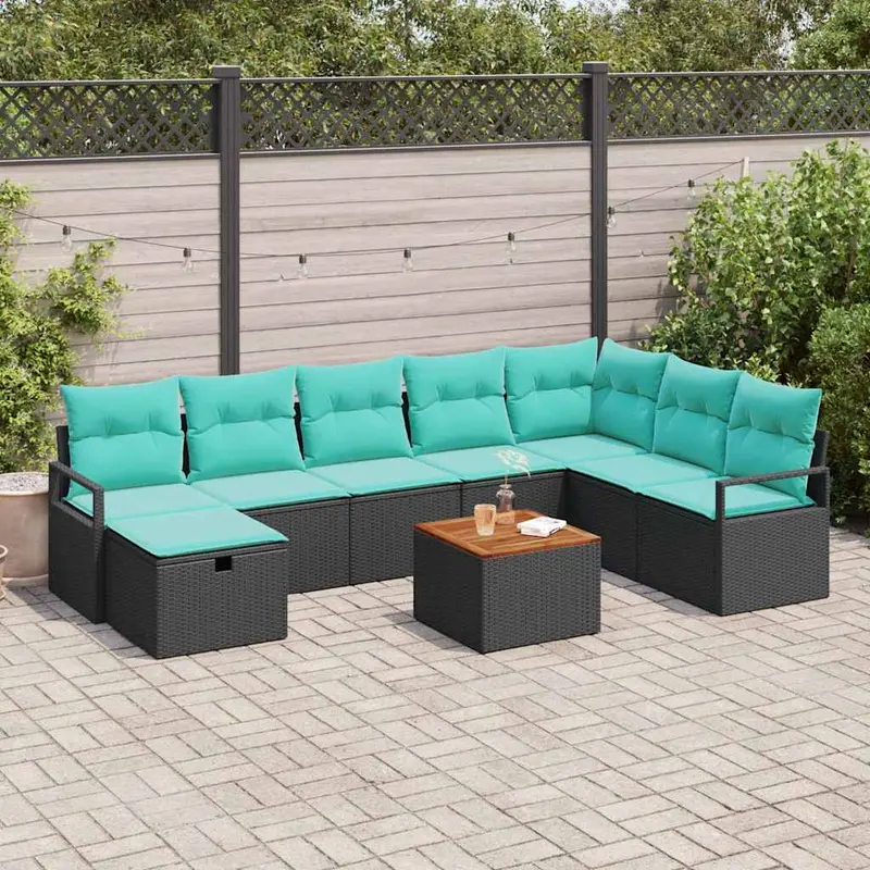 Conjunto de sofás de jardín 9 pcs Negro ratán sintético