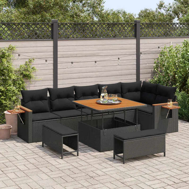 Conjunto de sofás de jardín 9 pcs Negro ratán sintético