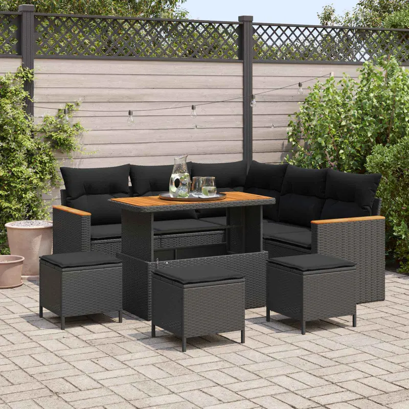 Conjunto de sofás de jardín 9 pcs Negro ratán sintético