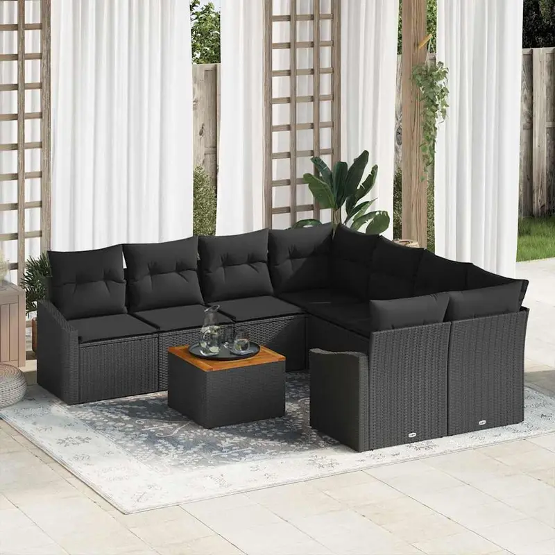 Conjunto de sofás de jardín 9 pcs Negro ratán sintético