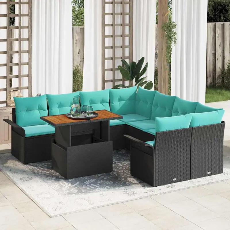 Conjunto de sofás de jardín 9 pcs Negro y azul ratán sintético