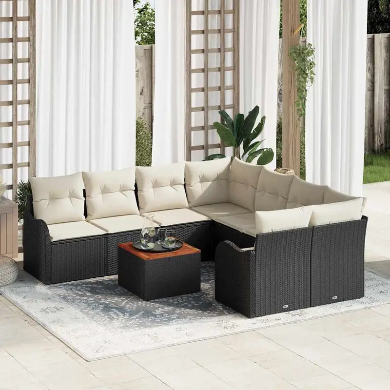 Conjunto de sofás de jardín 9 pcs Negro y crema ratán sintético