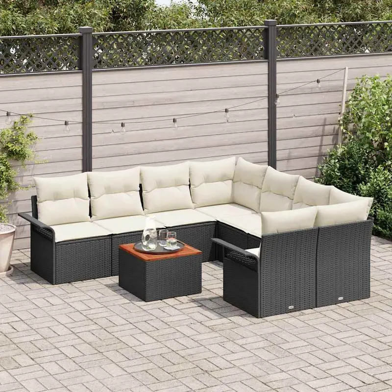 Conjunto de sofás de jardín 9 pcs Negro y crema ratán sintético