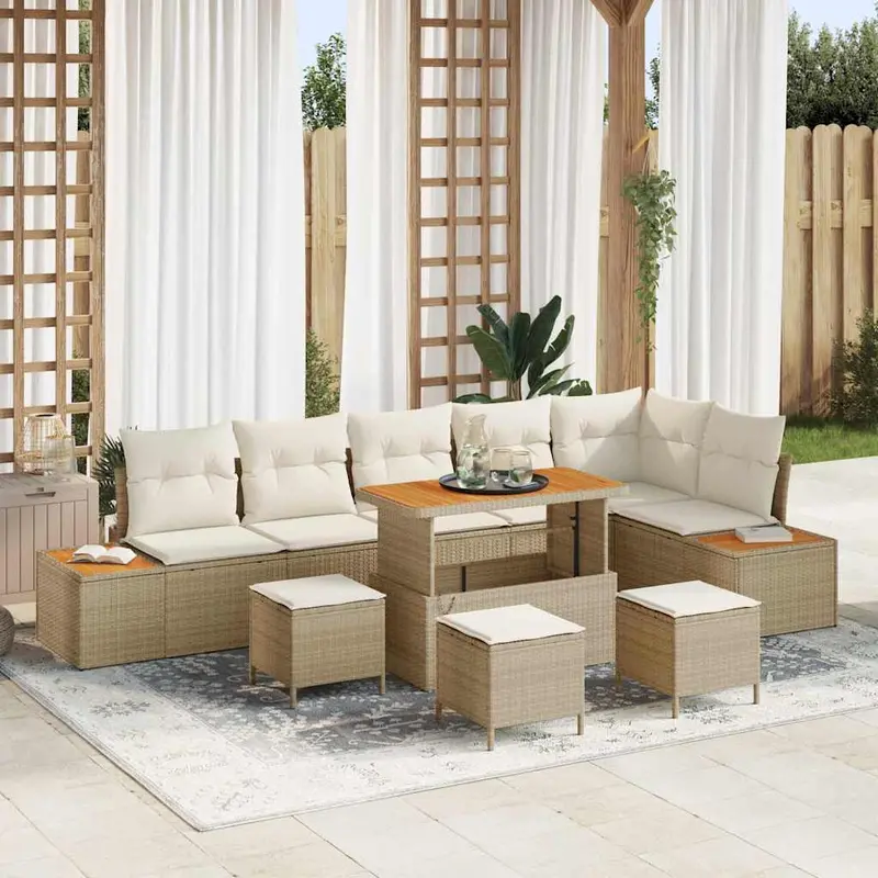Conjunto de sofás de jardín con cojín 10 pcs Beige Poliratán