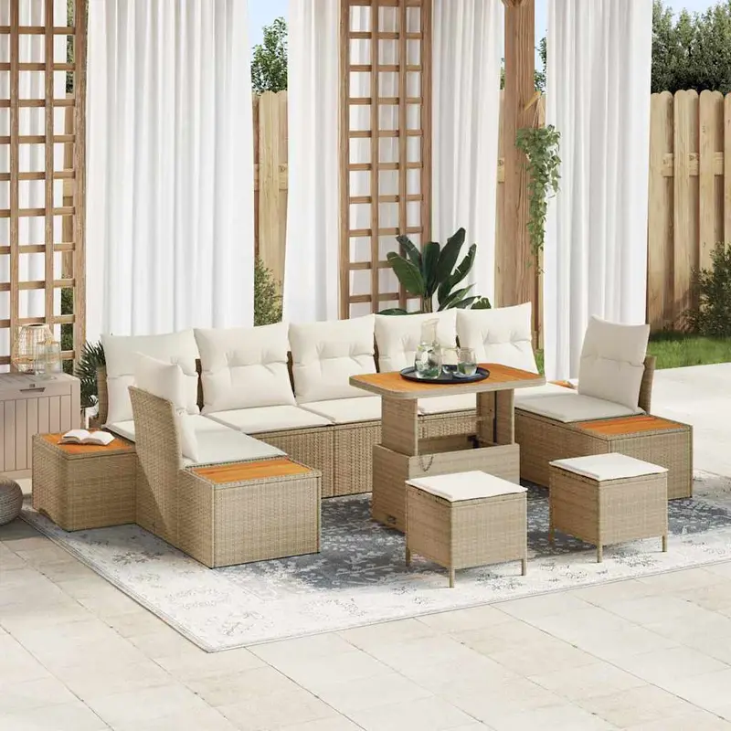Conjunto de sofás de jardín con cojín 10 pcs Beige Poliratán