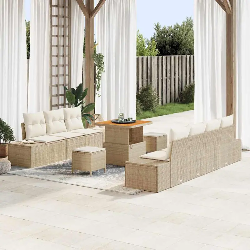 Conjunto de sofás de jardín con cojín 10 pcs Beige Poliratán