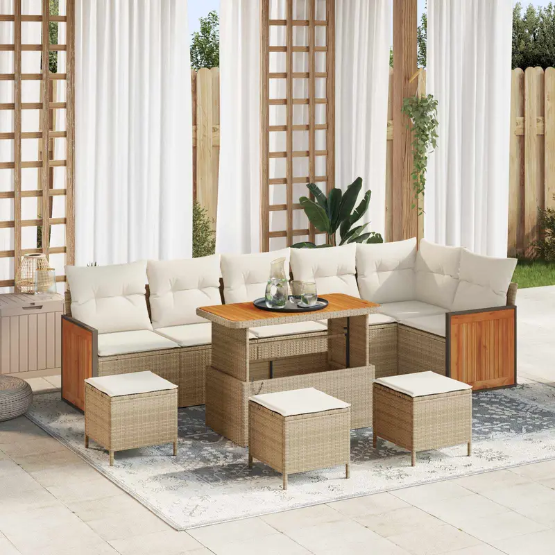 Conjunto de sofás de jardín con cojín 10 pcs Beige y Crema