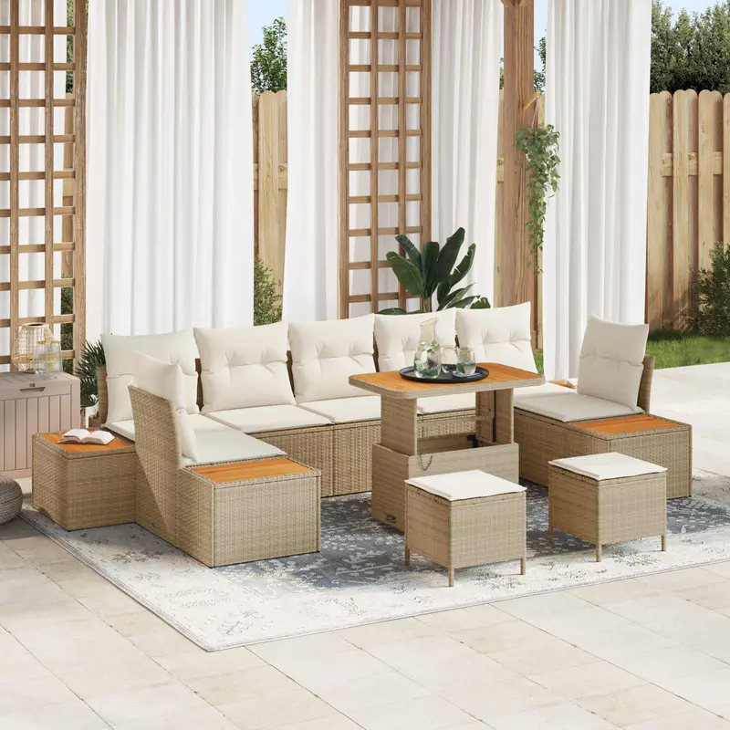 Conjunto de sofás de jardín con cojín 10 pcs Beige y Crema