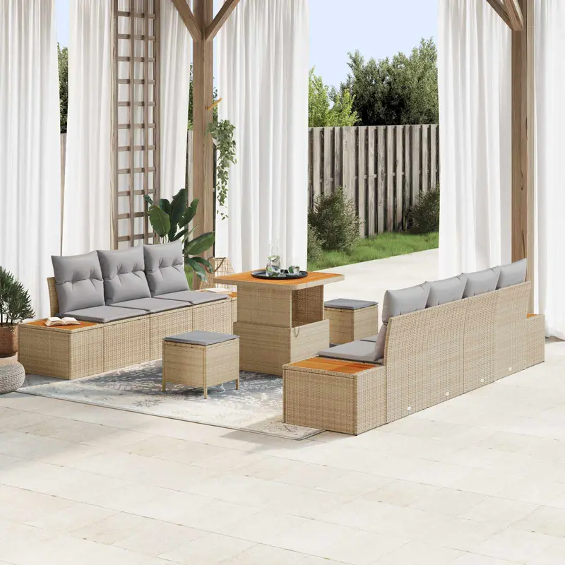 Conjunto de sofás de jardín con cojín 10 pcs Beige y Gris Claro