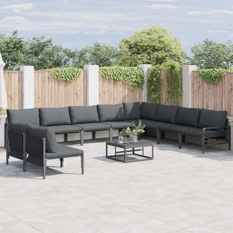 Conjunto de sofás de jardín con cojín 10 pcs Negro Acero