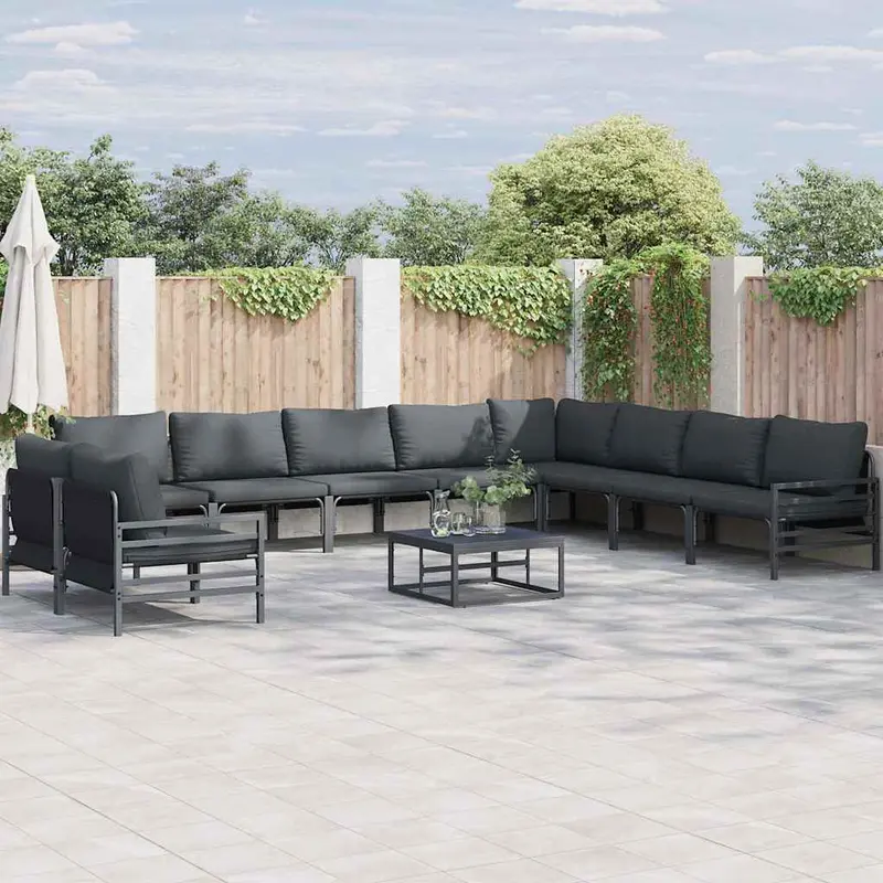 Conjunto de sofás de jardín con cojín 10 pcs Negro Acero